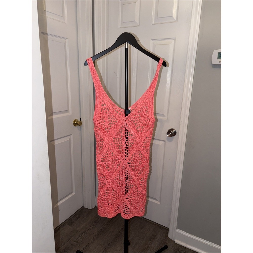 I Love H81 Coral Pink Crochet Diamond Mini Dress / Beach Cover-Up Boho Y2K Large